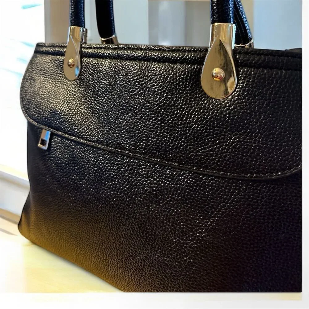 Huada Structured Black Vegan Leather Satchel Handbag Gold Hardware Crossbody